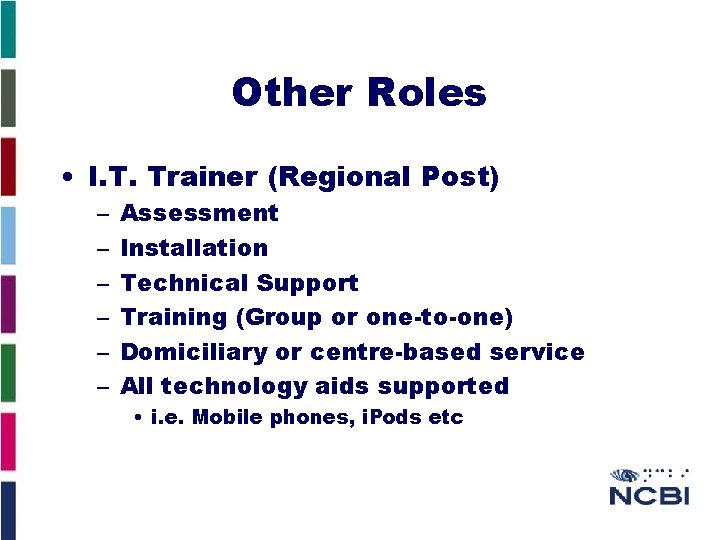 Other Roles • I. T. Trainer (Regional Post) – – – Assessment Installation Technical