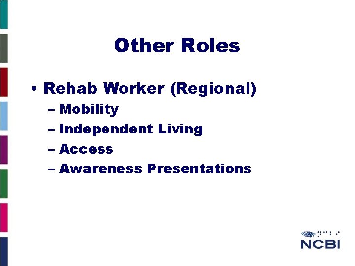 Other Roles • Rehab Worker (Regional) – Mobility – Independent Living – Access –