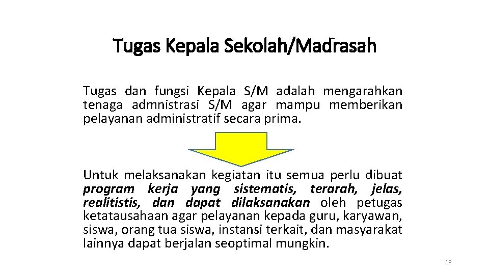 Tugas Kepala Sekolah/Madrasah Tugas dan fungsi Kepala S/M adalah mengarahkan tenaga admnistrasi S/M agar