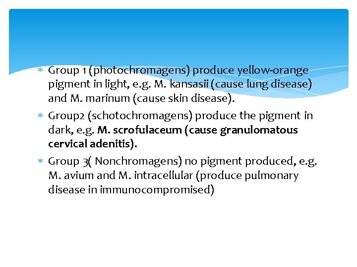  Group 1 (photochromagens) produce yellow-orange pigment in light, e. g. M. kansasii (cause