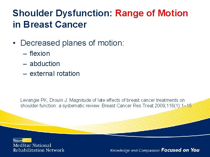 Shoulder Dysfunction: Range of Motion in Breast Cancer • Decreased planes of motion: –