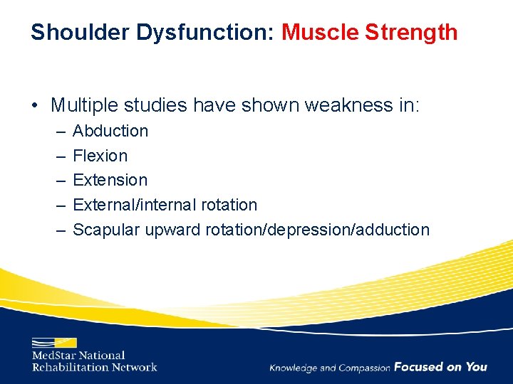 Shoulder Dysfunction: Muscle Strength • Multiple studies have shown weakness in: – – –