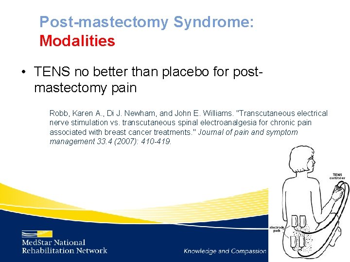 Post-mastectomy Syndrome: Modalities • TENS no better than placebo for postmastectomy pain Robb, Karen