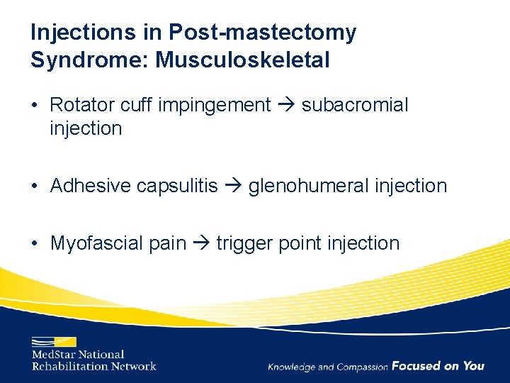 Injections in Post-mastectomy Syndrome: Musculoskeletal • Rotator cuff impingement subacromial injection • Adhesive capsulitis