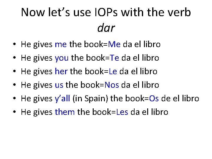 Now let’s use IOPs with the verb dar • • • He gives me