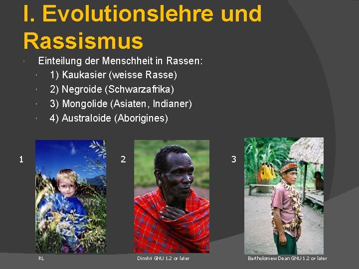 I. Evolutionslehre und Rassismus Einteilung der Menschheit in Rassen: 1) Kaukasier (weisse Rasse) 2)