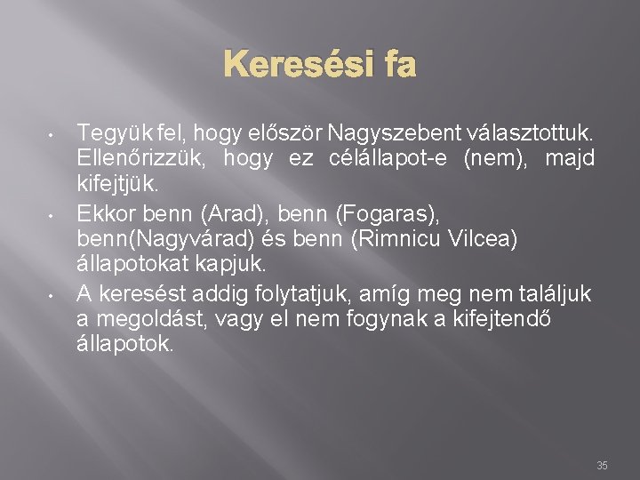 Keresési fa • • • Tegyük fel, hogy először Nagyszebent választottuk. Ellenőrizzük, hogy ez