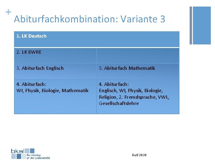 + Abiturfachkombination: Variante 3 1. LK Deutsch 2. LK BWRE 3. Abiturfach Englisch 3.