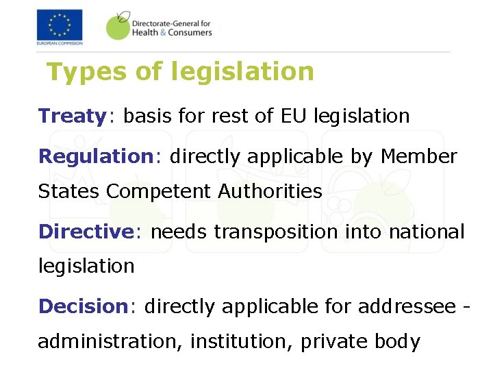 Types of legislation Treaty: basis for rest of EU legislation Regulation: directly applicable by