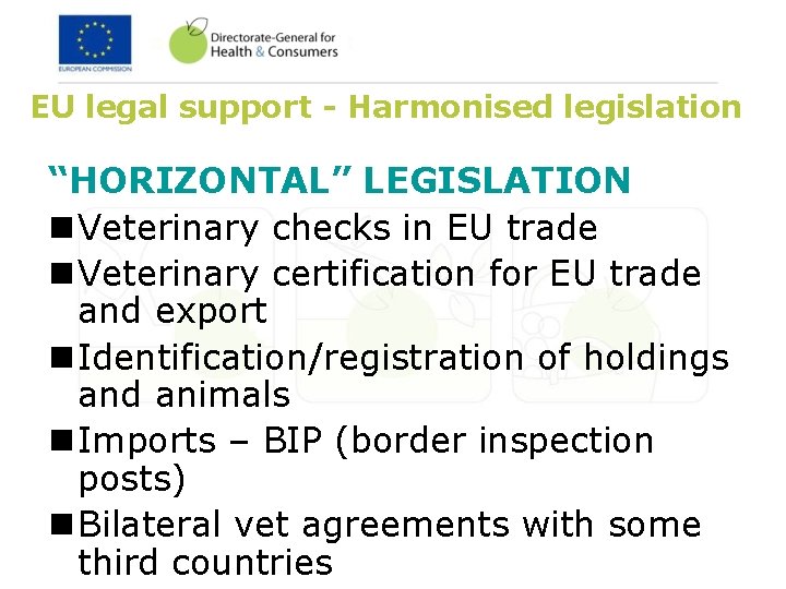 EU legal support - Harmonised legislation “HORIZONTAL” LEGISLATION n Veterinary checks in EU trade