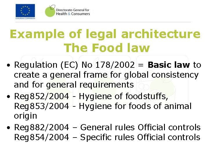 Example of legal architecture The Food law • Regulation (EC) No 178/2002 = Basic