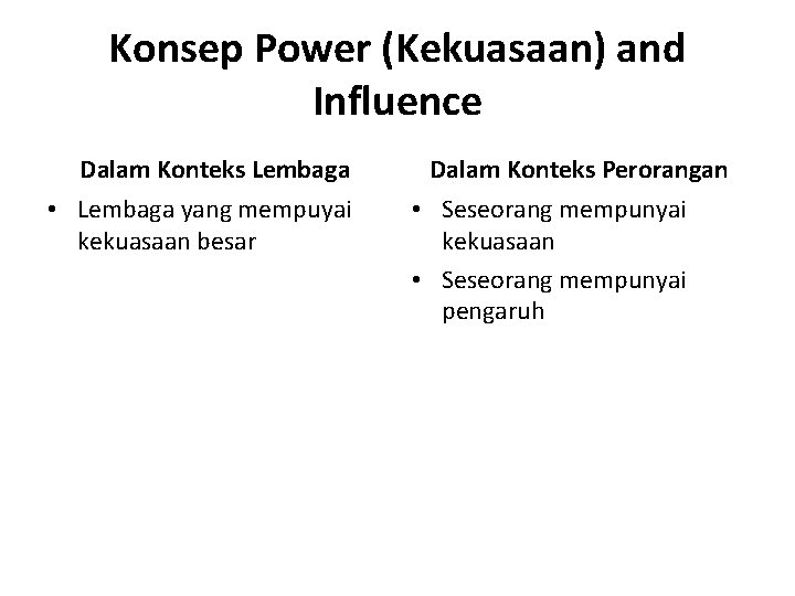 Konsep Power (Kekuasaan) and Influence Dalam Konteks Lembaga • Lembaga yang mempuyai kekuasaan besar