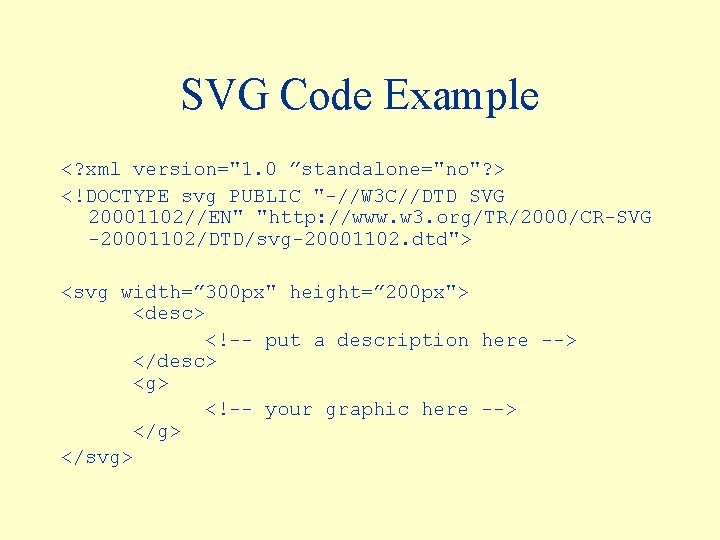 SVG Code Example <? xml version="1. 0 ”standalone="no"? > <!DOCTYPE svg PUBLIC "-//W 3