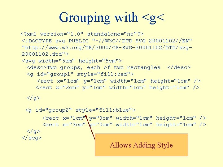 Grouping with <g< <? xml version="1. 0" standalone="no"? > <!DOCTYPE svg PUBLIC "-//W 3