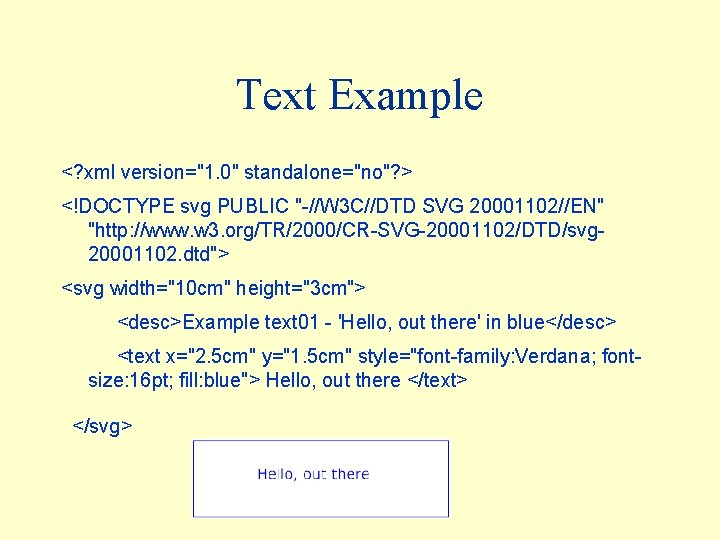 Text Example <? xml version="1. 0" standalone="no"? > <!DOCTYPE svg PUBLIC "-//W 3 C//DTD