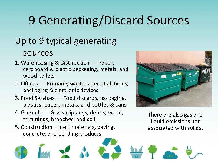 9 Generating/Discard Sources Up to 9 typical generating sources 1. Warehousing & Distribution ––