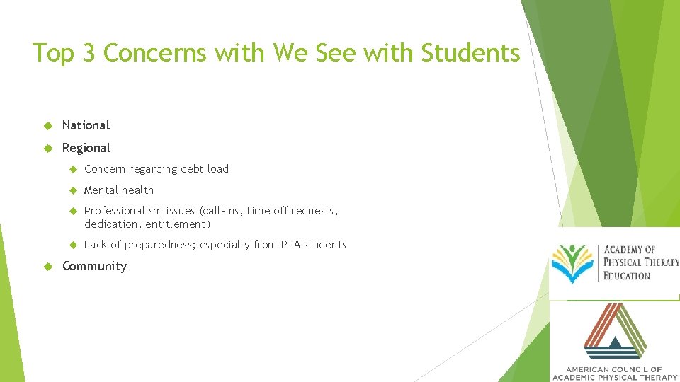 Top 3 Concerns with We See with Students National Regional Concern regarding debt load