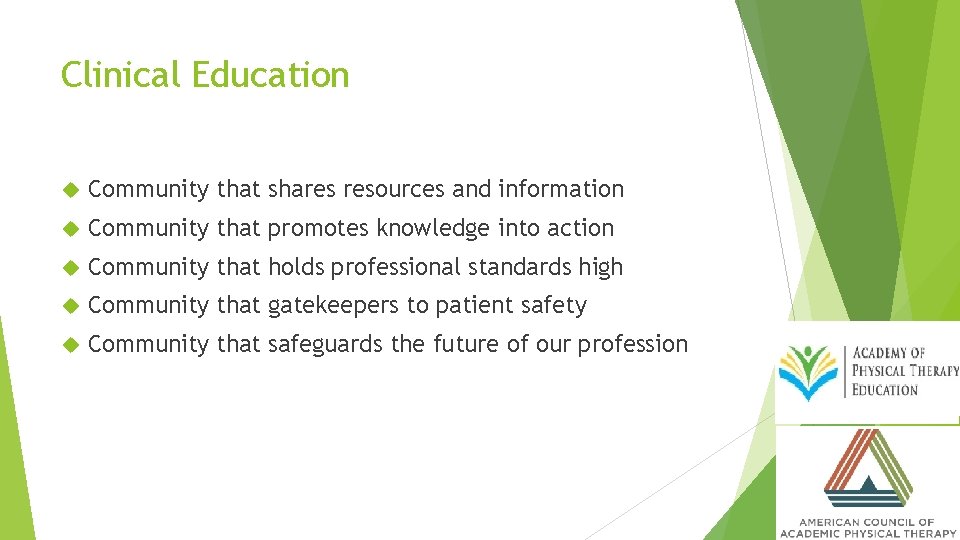 Clinical Education Community that shares resources and information Community that promotes knowledge into action