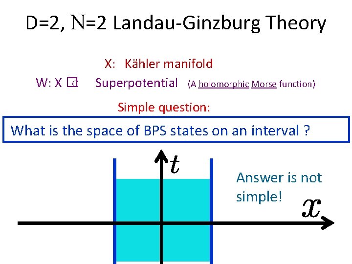 D=2, N=2 Landau-Ginzburg Theory W: X �C X: Kähler manifold Superpotential (A holomorphic Morse