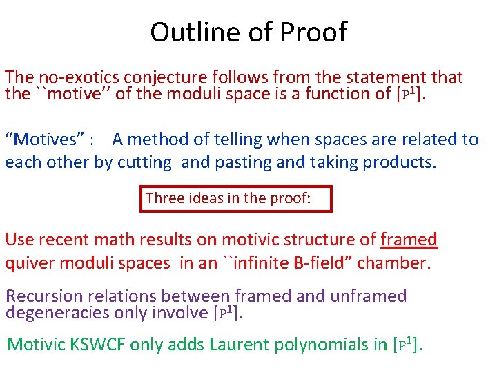 Outline of Proof The no-exotics conjecture follows from the statement that the ``motive’’ of