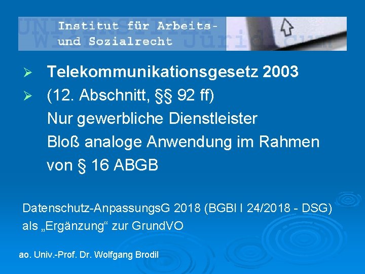 Telekommunikationsgesetz 2003 Ø (12. Abschnitt, §§ 92 ff) Nur gewerbliche Dienstleister Bloß analoge Anwendung