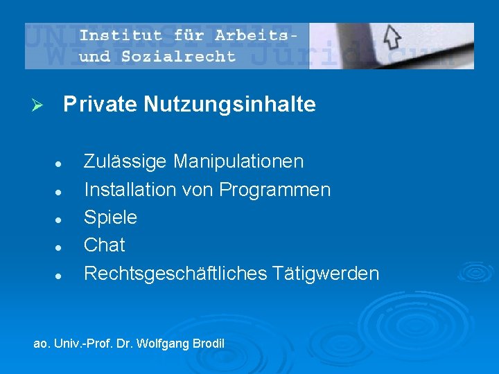 Private Nutzungsinhalte Ø l l l Zulässige Manipulationen Installation von Programmen Spiele Chat Rechtsgeschäftliches