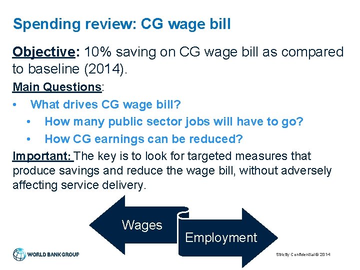 Spending review: CG wage bill Objective: 10% saving on CG wage bill as compared