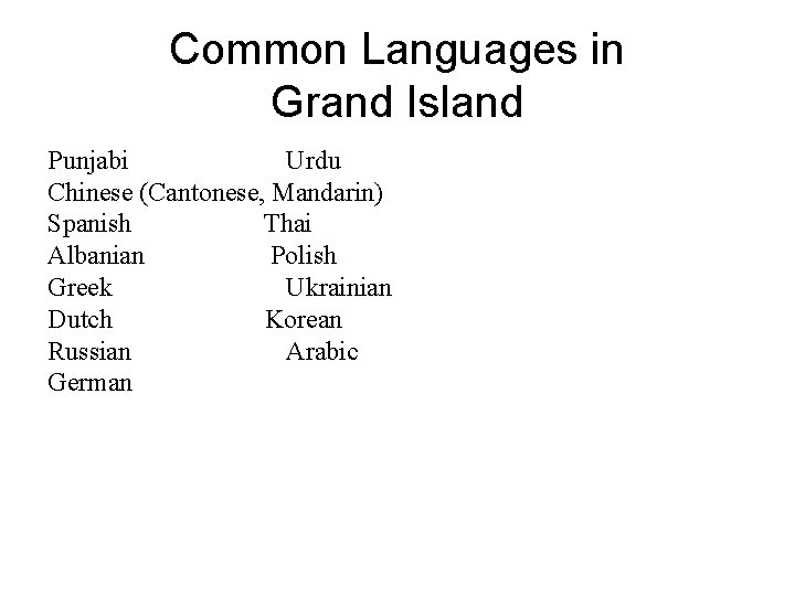 Common Languages in Grand Island Punjabi Urdu Chinese (Cantonese, Mandarin) Spanish Thai Albanian Polish