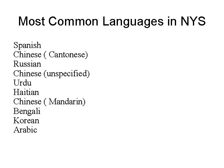 Most Common Languages in NYS Spanish Chinese ( Cantonese) Russian Chinese (unspecified) Urdu Haitian