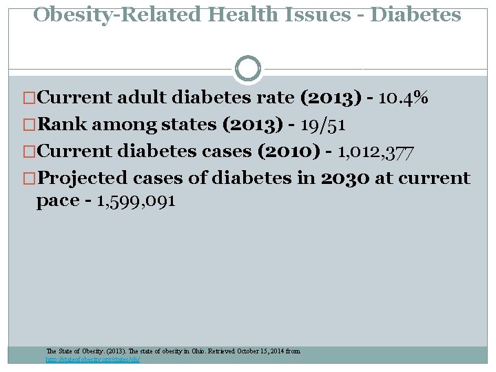 Obesity-Related Health Issues - Diabetes �Current adult diabetes rate (2013) - 10. 4% �Rank