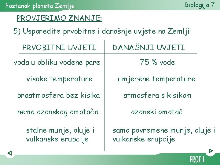 Biologija 7 Postanak planeta Zemlje PROVJERIMO ZNANJE: 5) Usporedite prvobitne i današnje uvjete na