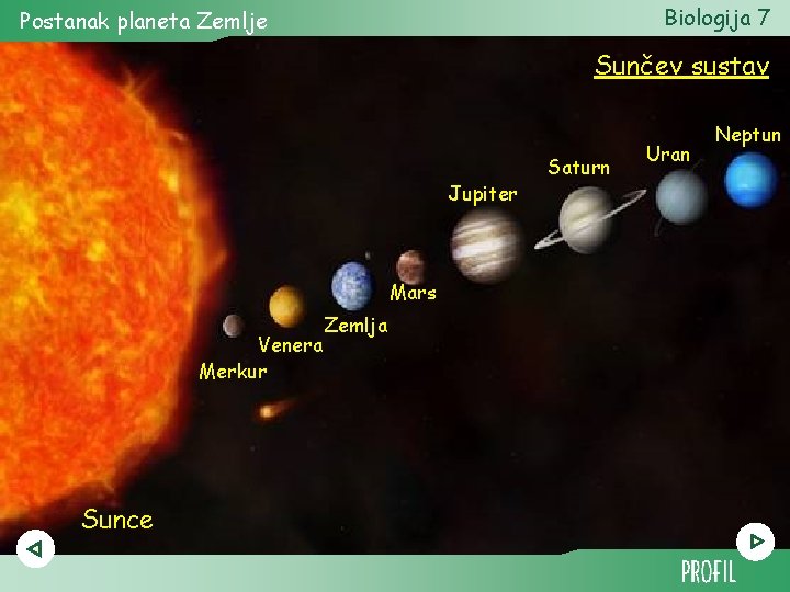 Biologija 7 Postanak planeta Zemlje Sunčev sustav Jupiter Mars Venera Merkur Sunce Zemlja Saturn