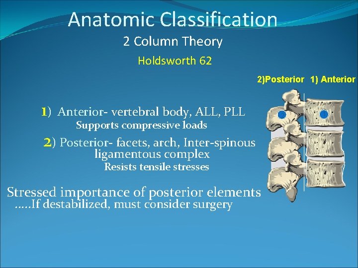 Anatomic Classification 2 Column Theory Holdsworth 62 2)Posterior 1) Anterior 1) Anterior- vertebral body,