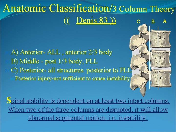 Anatomic Classification/3 Column Theory (( Denis 83 )) C B A A) Anterior- ALL