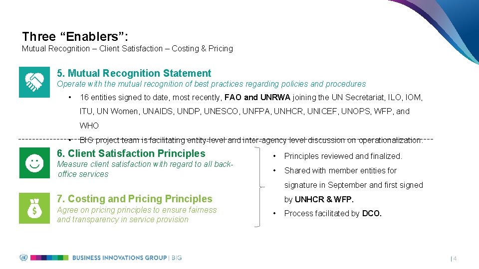 Three “Enablers”: Mutual Recognition – Client Satisfaction – Costing & Pricing 5. Mutual Recognition