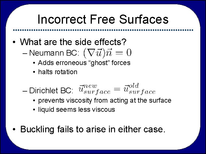 Incorrect Free Surfaces • What are the side effects? – Neumann BC: • Adds