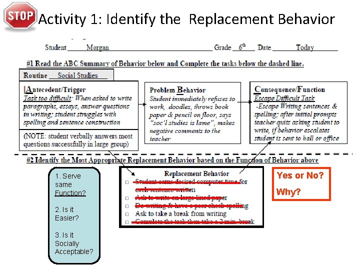 Activity 1: Identify the Replacement Behavior 1. Serve same Function? 2. Is it Easier?