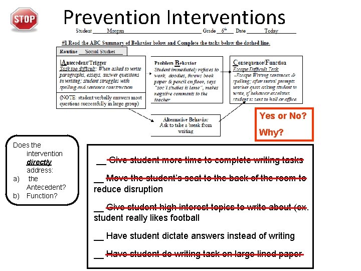 Prevention Interventions Yes or No? Why? Does the intervention directly address: a) the Antecedent?