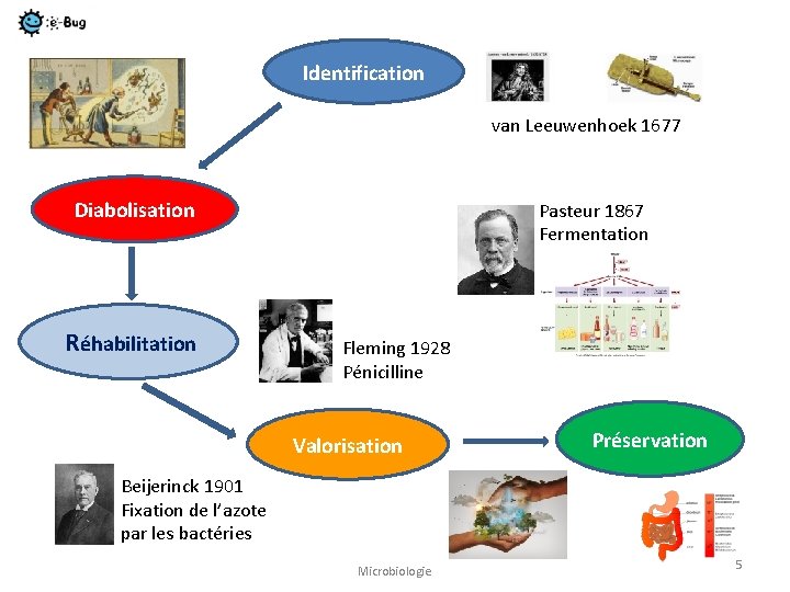Identification van Leeuwenhoek 1677 Diabolisation Réhabilitation Pasteur 1867 Fermentation Fleming 1928 Pénicilline Valorisation Préservation