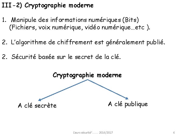 III-2) Cryptographie moderne 1. Manipule des informations numériques (Bits) (Fichiers, voix numérique, vidéo numérique…etc