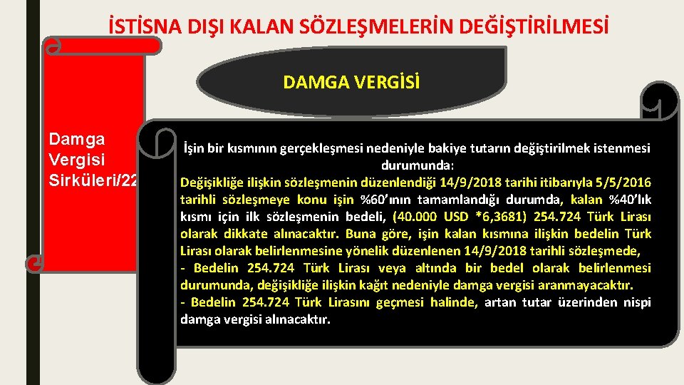 İSTİSNA DIŞI KALAN SÖZLEŞMELERİN DEĞİŞTİRİLMESİ DAMGA VERGİSİ Damga Vergisi Sirküleri/22 İşin bir kısmının gerçekleşmesi