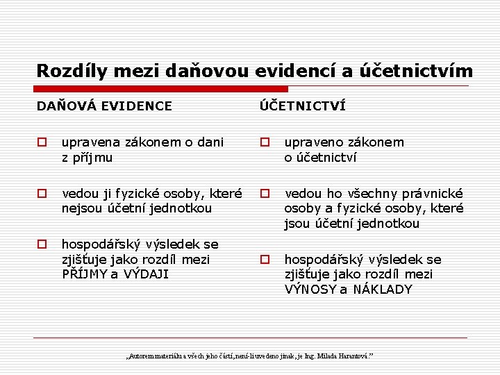 Rozdíly mezi daňovou evidencí a účetnictvím DAŇOVÁ EVIDENCE ÚČETNICTVÍ o upravena zákonem o dani