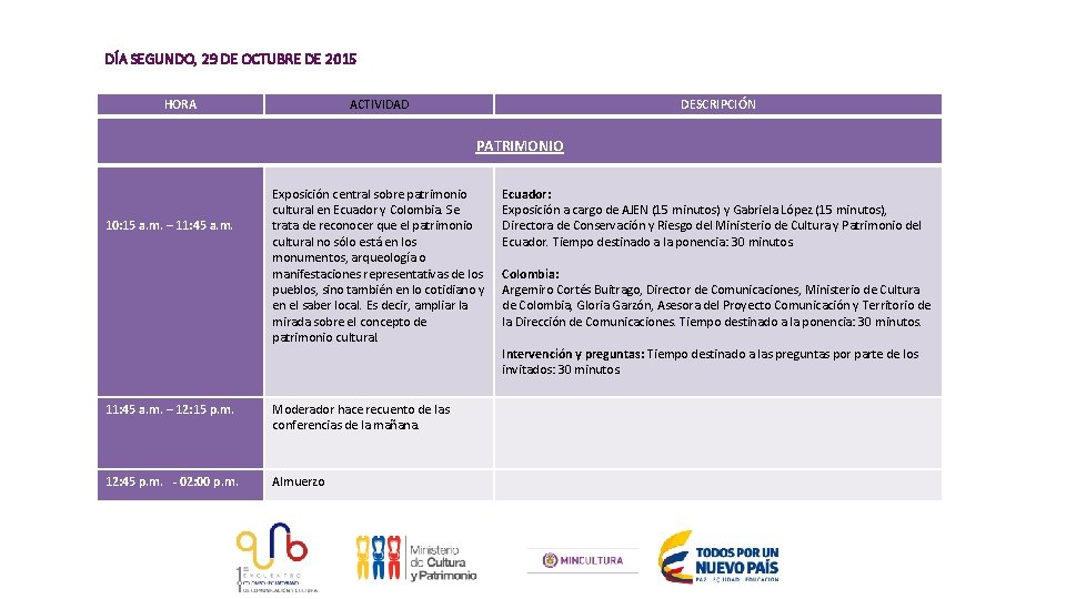 DÍA SEGUNDO, 29 DE OCTUBRE DE 2015 HORA ACTIVIDAD DESCRIPCIÓN PATRIMONIO 10: 15 a.
