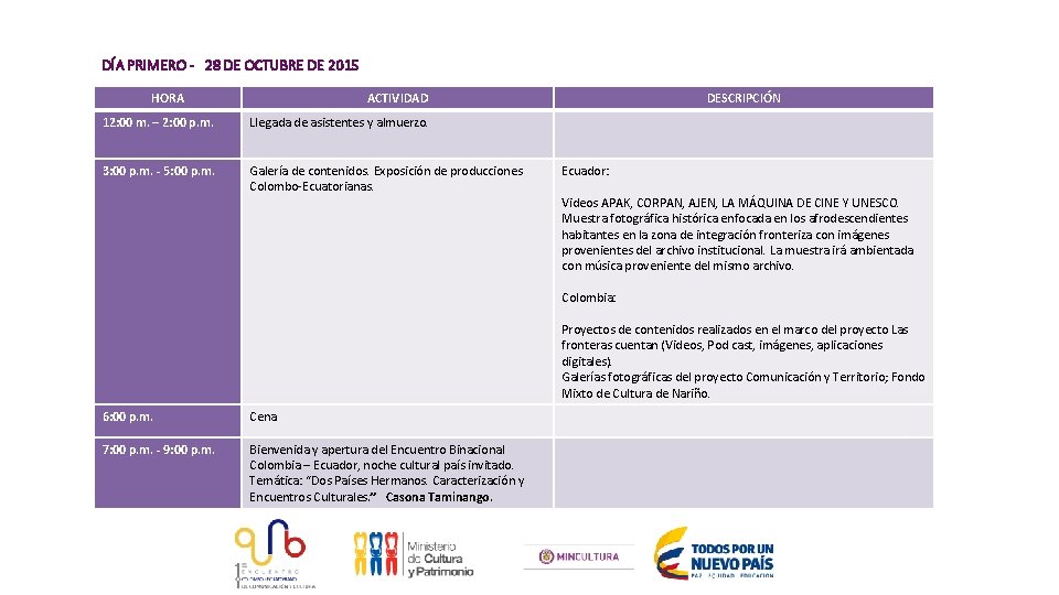 DÍA PRIMERO - 28 DE OCTUBRE DE 2015 HORA ACTIVIDAD 12: 00 m. –