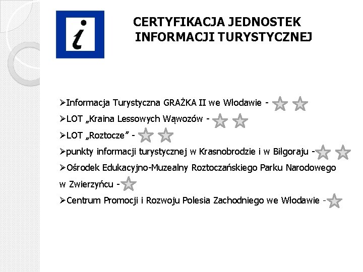 CERTYFIKACJA JEDNOSTEK INFORMACJI TURYSTYCZNEJ ØInformacja Turystyczna GRAŻKA II we Włodawie - ØLOT „Kraina Lessowych