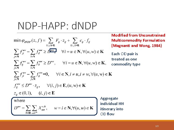 NDP-HAPP: d. NDP Modified from Unconstrained Multicommodity Formulation (Magnanti and Wong, 1984) Each OD