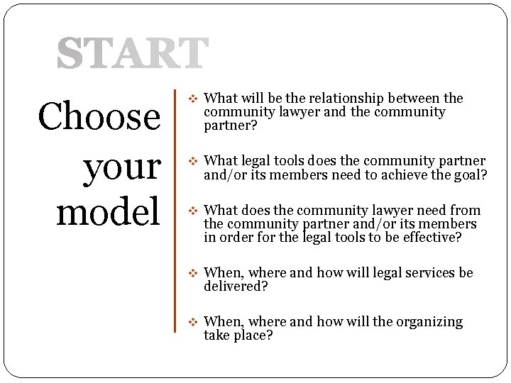 Choose your model v What will be the relationship between the community lawyer and