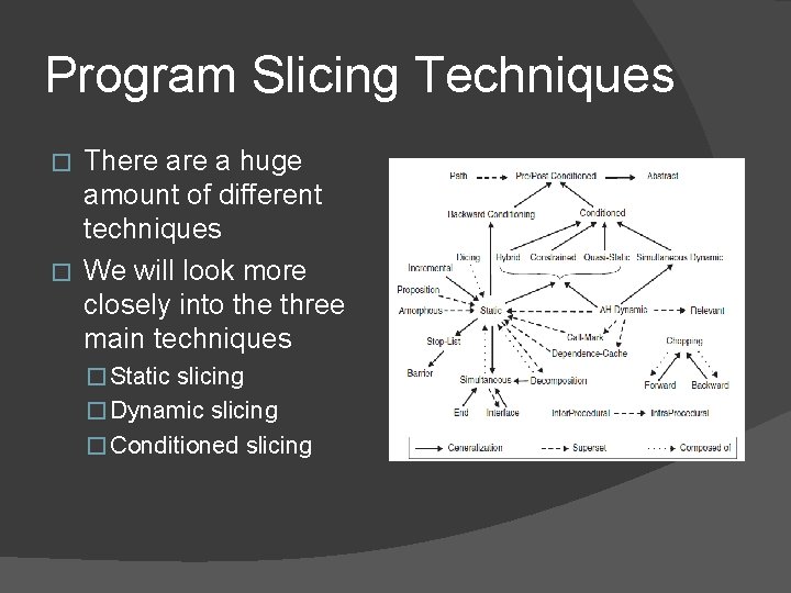 Program Slicing Techniques There a huge amount of different techniques � We will look