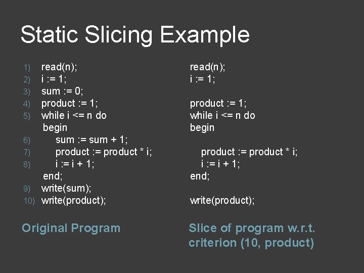 Static Slicing Example read(n); i : = 1; sum : = 0; product :
