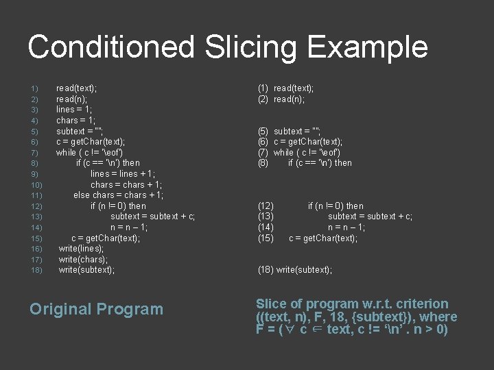 Conditioned Slicing Example 1) 2) 3) 4) 5) 6) 7) 8) 9) 10) 11)